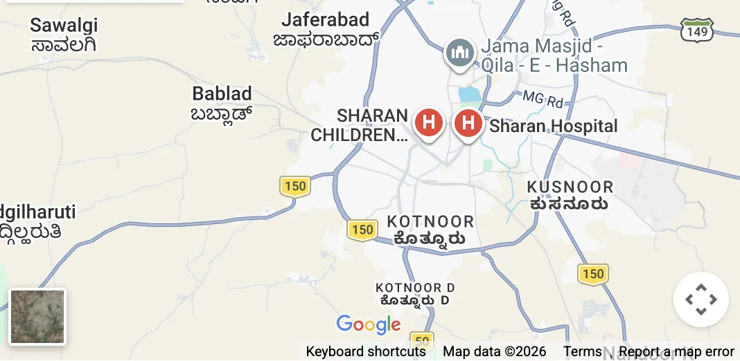Map showing Sharan Hospital on Station Road, Kalaburagi